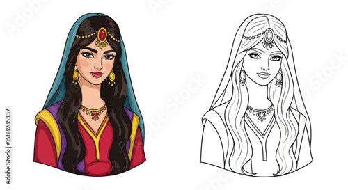 Scheherazade Character Coloring Page with Both Colored and Detailed Outline Versions for Kids