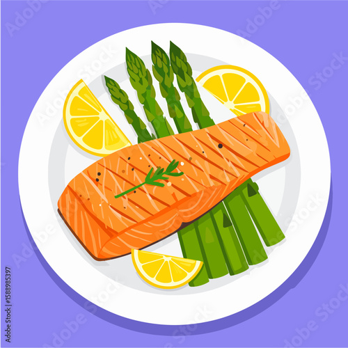 Illustration of a healthy and delicious meal with salmon, asparagus and lemon wedges served on a white plate against a light purple background.