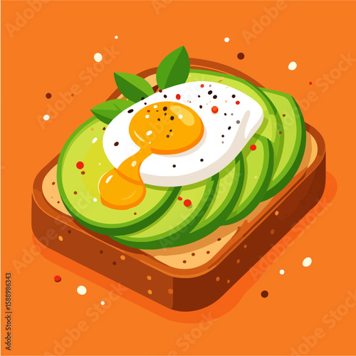 Delicious avocado toast with a sunny-side-up egg and fresh basil leaves, perfect for a healthy breakfast or brunch, presented on a vibrant orange background.