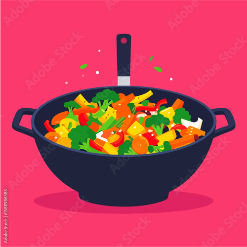 Vibrant illustration of a wok filled with colorful stir-fried vegetables like broccoli, carrots, peppers, and squash, set against a bright pink background.