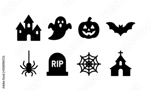 Halloween silhouette icons: haunted houses, ghosts, pumpkins, bats, and more