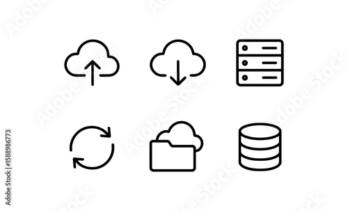 Cloud technology icons: upload, download, server, sync, folder, database