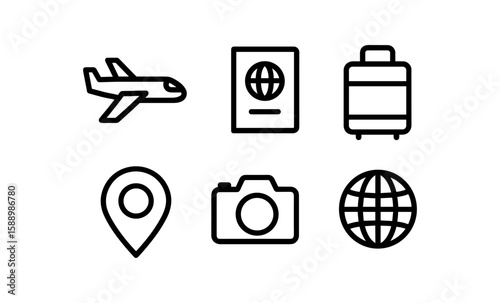 Simple travel icons featuring airplane, passport, and suitcase in linear style
