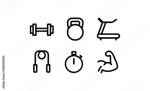 Minimalist fitness icons set: dumbbell, kettlebell, treadmill, and more