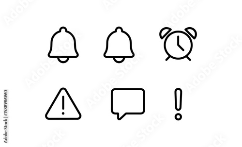 Minimalist alert icons set: bells, clock, warning, message, exclamation