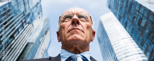A confident elderly man in a suit stands between modern skyscrapers, looking upward with determination against a clear sky backdrop.