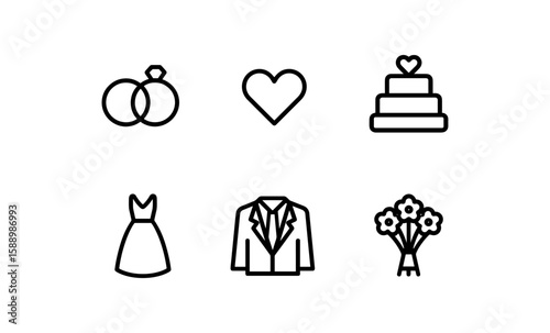 Modern linear wedding icons collection featuring rings, cake, and attire