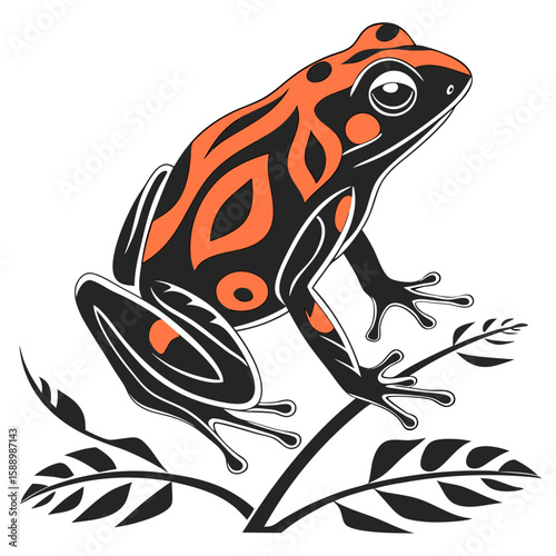 Graphic illustration of a vibrant frog on a plant stem