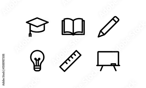 Education icon set featuring line art symbols of learning and creativity