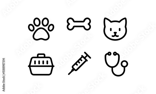 Minimalist pet care icons: paw, bone, cat, carrier, syringe, stethoscope