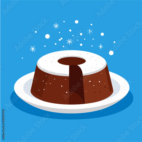 Whimsical illustration of a chocolate pudding on a plate, dusted with powdered sugar, with stylized snowflake decorations, set against a bright blue background.