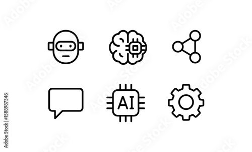 Linear ai technology icons set featuring robot, brain, and chip connections
