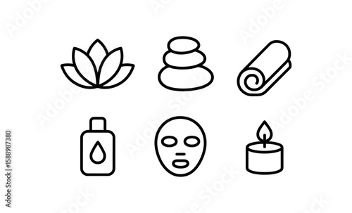 Minimalist spa icons set featuring yoga mat, candle, and face mask