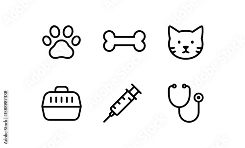 Pet care essentials: icons of paw, bone, cat face, carrier, syringe, stethoscope