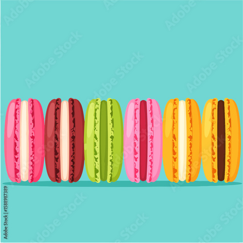 Six colorful, illustrated macarons in a row, showcasing a variety of flavors and fillings against a bright turquoise background, perfect for food-related designs.