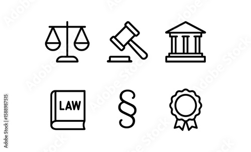 Legal icons set: gavel, scales, court, law book, paragraph, badge