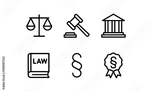 Minimalist legal icons set featuring gavel, scales, law book, and courthouse