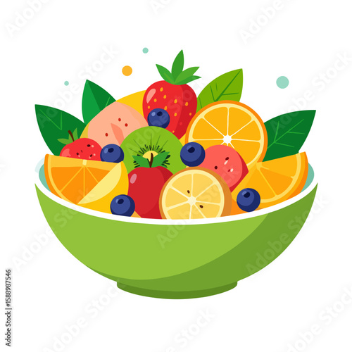 Vibrant and colorful vector illustration of a refreshing fruit salad in a green bowl, perfect for promoting healthy eating and fresh ingredients.