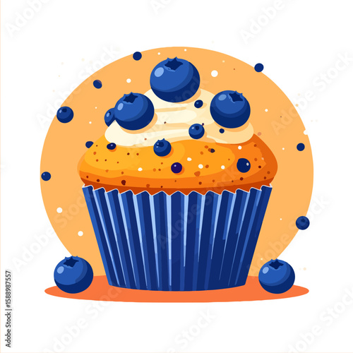 A delicious blueberry cupcake with creamy frosting and blueberries is presented in a cute and vibrant illustration against a warm orange background.