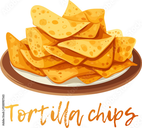 Vector illustration of a plate of nachos on a white background. Cartoon icon a plate piled high with triangle-shaped tortilla chips. A popular Mexican snack food