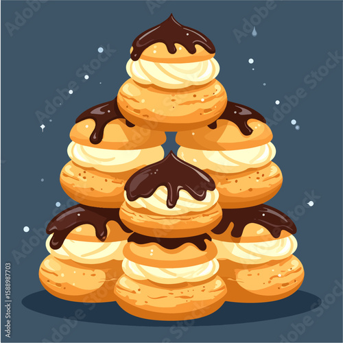 Delicious tower of cream puffs drizzled with dark chocolate against a dark blue background, perfect for pastry shop posters or sweet treat illustrations.