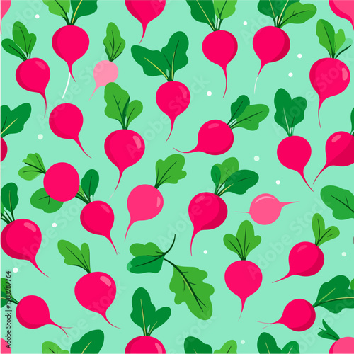 Playful seamless pattern featuring vibrant pink radishes and green leaves scattered against a refreshing mint background, perfect for adding a touch of whimsical charm to any project.