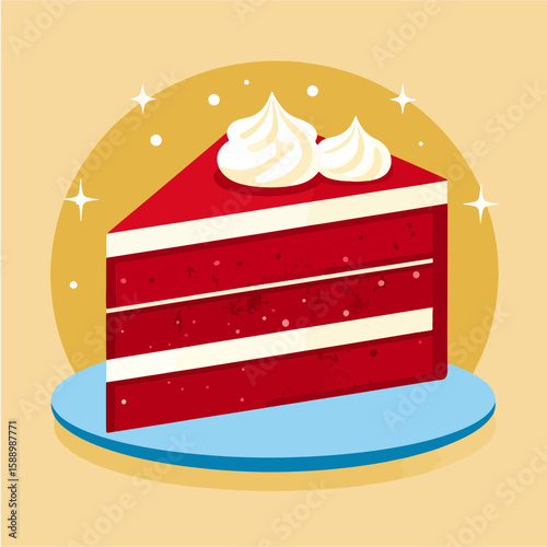 A stylized vector illustration of a slice of red velvet cake with creamy frosting, sitting on a blue plate, against a golden-yellow backdrop with sparkles and dots.