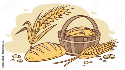 Fresh baked bread loaf wheat and corn harvest in basket illustration for bakery or farm market design