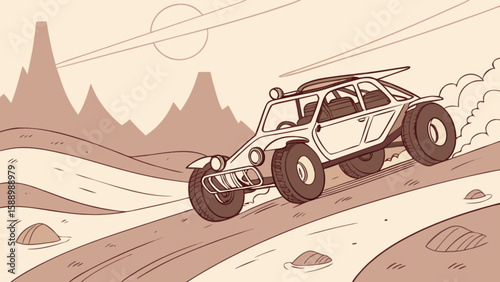 Vintage off road buggy driving through desert landscape illustration for adventure and travel themed designs