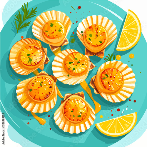 Elegant illustration of pan-seared scallops served in their shells with a lemon wedge on a blue plate, showcasing a delightful seafood dish.