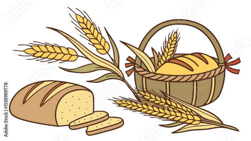 Fresh baked bread loaf and wheat in basket vector illustration for bakery and food related designs