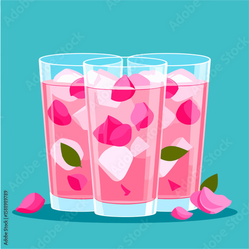 Refreshing stylized illustration featuring three glasses of a cool pink drink with ice and rose petals on a bright teal background, perfect for summer.
