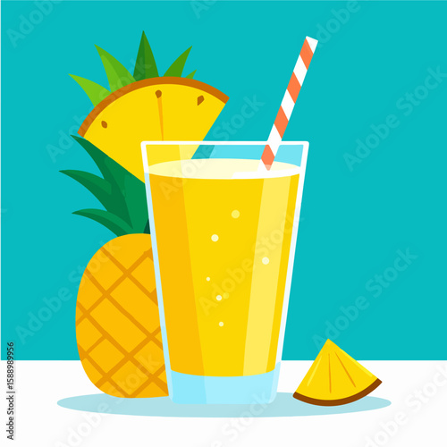An illustration features a vibrant pineapple juice with a striped straw alongside whole pineapples and a turquoise background, conveying freshness and a tropical mood.