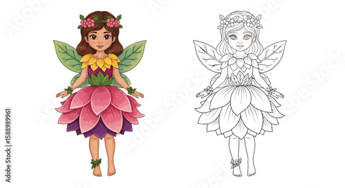 Woodland Fairy Girl Coloring Page Featuring Colored and Crisp Outline Style for Children