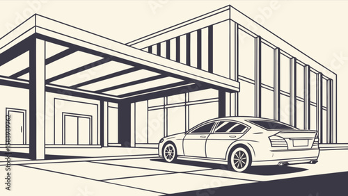 Modern building with car illustration vector design for architecture and automotive industry use case design