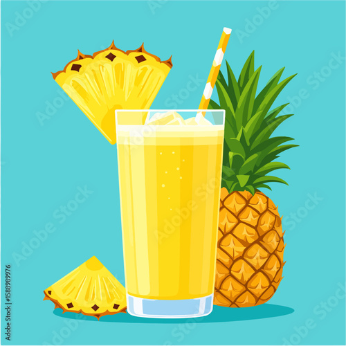 Illustration of a refreshing pineapple smoothie in a glass with ice and a straw, accompanied by a whole pineapple and pineapple slices, on a vibrant blue background.