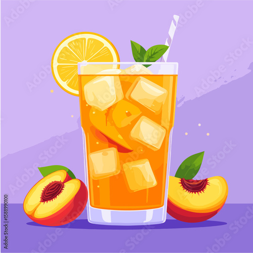 Refreshing peach iced tea with a lemon slice and mint leaves, perfect for a hot summer day, illustrated in a modern, minimalist style on a purple background.
