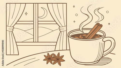 Cozy night in illustration with hot drink cinnamon and anise stars by window perfect for relaxation and comfort