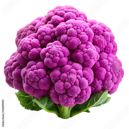 Vibrant purple cauliflower with green leaves on a black background isolated on a transparent background