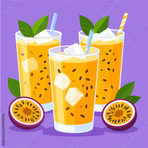Illustration of three glasses of refreshing passion fruit juice with ice cubes, straws, and fresh mint leaves, placed alongside halves of passion fruit on a vibrant purple background.