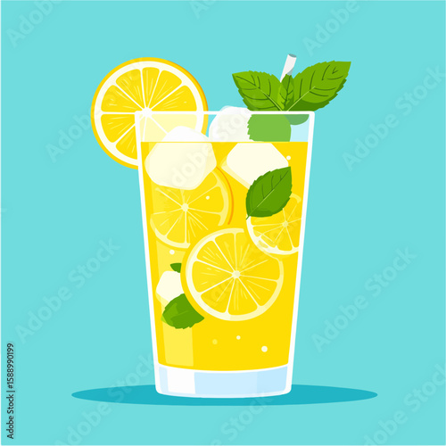 A refreshing glass of lemonade with lemon slices, ice, and mint leaves, perfect for a hot summer day, illustrated on a light blue background.