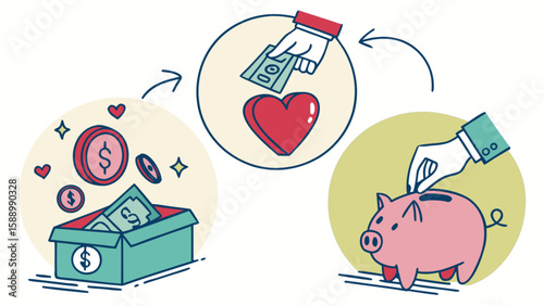 Illustration of donation process for charity fundraising and financial support with piggy bank and money box
