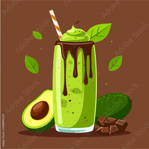 An illustration depicts a refreshing avocado smoothie with chocolate drizzle, accompanied by fresh avocados and chocolate chunks on a brown background.
