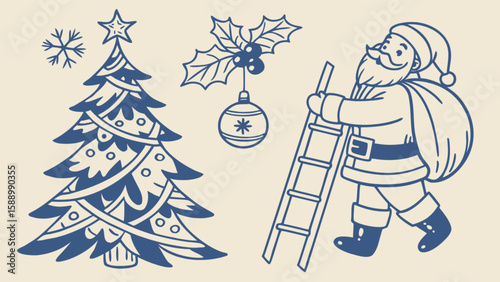 Christmas santa claus and christmas tree with ornament holiday season festive vector illustration design