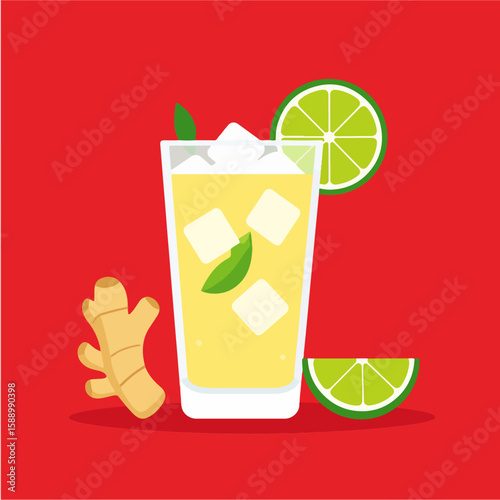 A refreshing ginger lime cooler with ice, garnished with mint, depicted in a flat vector design against a vibrant red background, conveying summer and healthy hydration.