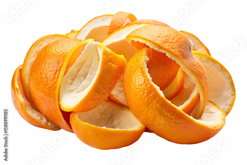 Pile of freshly peeled bright orange citrus fruit skins with white pith isolated on a transparent background