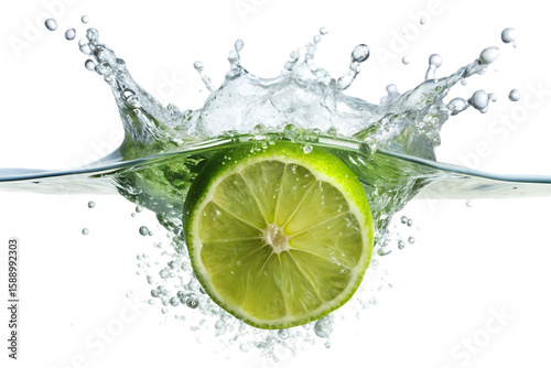 Green lime half splashing into clear water with droplets and waves isolated on a transparent background