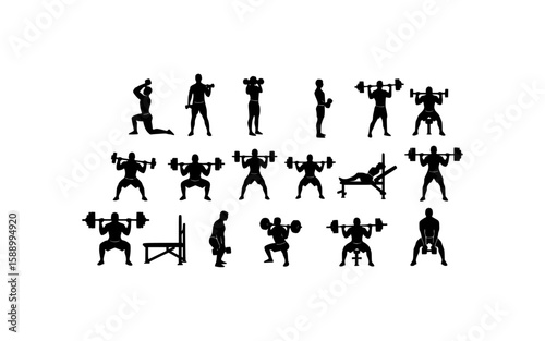 Suitable for gym posters, fitness websites, and workout apps. Simple black silhouettes show various barbell weightlifting exercises for visual representation.