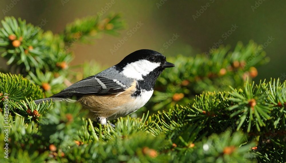 Naklejka premium Coal tit nestled in dense pine needles, its black cap gleaming under dappled forest light, ultra-clear. 