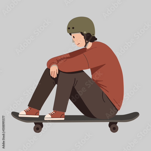 vector illustration of a skateboard,
Teenager in a helmet sitting on a skateboard feeling pensive